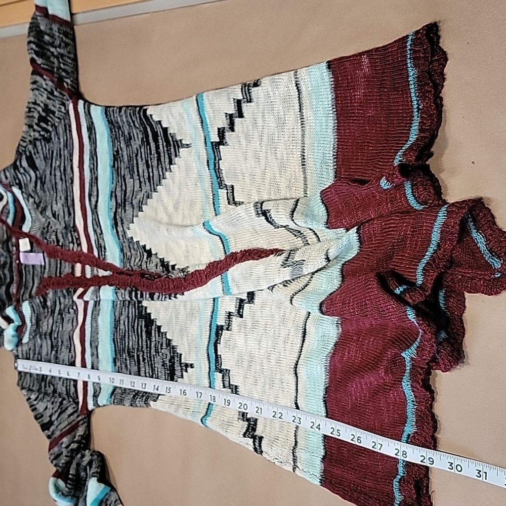 Alya (Francesca’s) Size S Teal, Black Burgundy, White Aztec Knit Hooded Cardigan - Picture 8 of 11